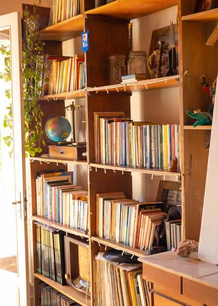 Estante rústica com livros, globo terrestre e decoração vintage